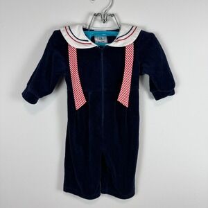 Vintage Sears Navy Blue Velour‎ Sailor Romper Nautical Red White Stripe 14 lbs